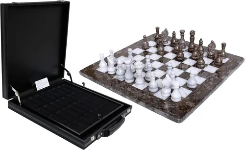 Vista 4 de Juego de ajedrez de mármol hecho a mano de 15 pulgadas con caja de regalo de piel sintética negra, tablero de ajedrez de piedra premium y piezas