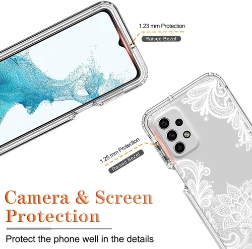 Vista 2 de Funda para Galaxy A23, Samsung A23 SM-A235M con protector de pantalla de vidrio templado, diseño floral a prueba de golpes, carcasa protectora