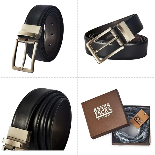 Vista 6 de BRASS TACKS LEATHERCRAFT Men's Vintage Business Handmade Reversible Genuine Leather Dress Belt Gift Box