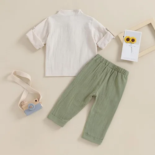Vista 3 de Karuedoo Prendas de vestir para bebé niño de algodón y lino, camisas Henley con botones de manga larga, pantalones casuales conjunto A-beige Hierba
