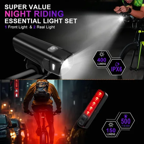 Vista 6 de 400LM USB Rechargeable Bike Light Set, Front Headlight & Rear Taillight, 5 Lighting Modes, Waterproof Safety Cycling Lights for Road Mountain Bikes
