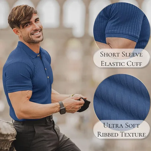 Vista 2 de Camisas polo musculares para hombre, manga corta, ajustadas, camisetas de golf para hombre, camisetas casuales de ajuste seco, camisas de bolos