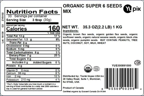 Vista 2 de Yupik Mezcla de semillas orgánicas Super 6, 1 kg (1000 g), libre de transgénicos, kosher, vegano, rico en fibra, nutritivo snack y cobertura cruda