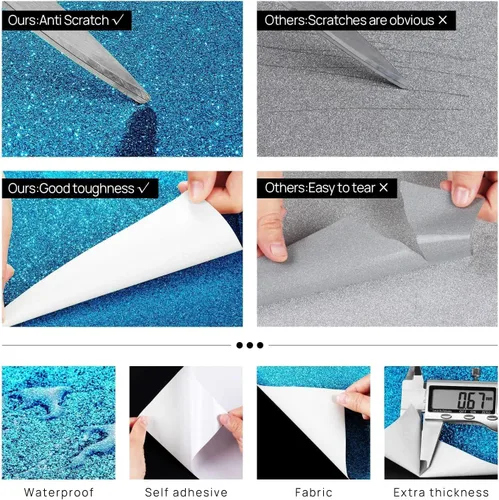 Vista 3 de FunStick Papel Tapiz con Purpurina Azul Océano Adhesivo y Despegable Autoadhesivo Papel de Contacto con Purpurina Azul Brillante Decorativo