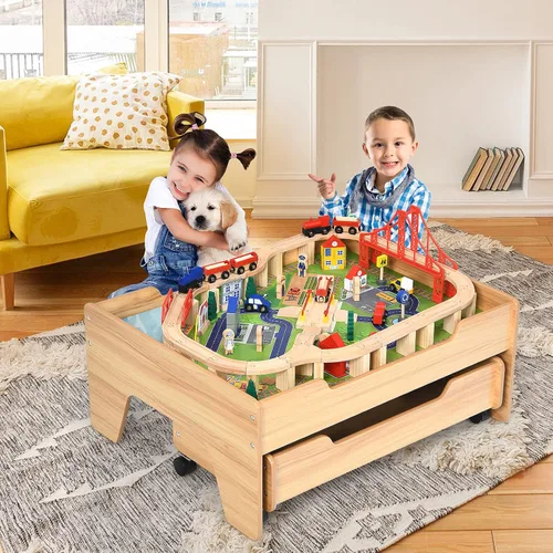 Vista 8 de HONEY JOY Mesa de tren, mesa de actividades de madera para niños con cajón de almacenamiento, 100 piezas multicolores, pistas, trenes, autos, juego