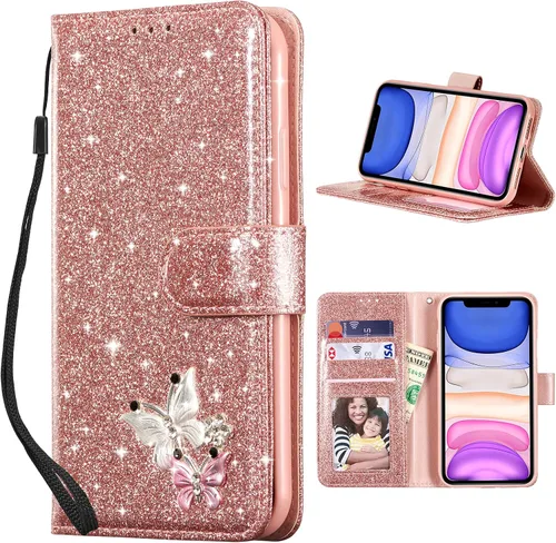 Vista 15 de UEEBAI Funda tipo cartera para iPhone 11, funda de piel sintética con purpurina para teléfono, ranuras para tarjetas, funda con función atril Negro