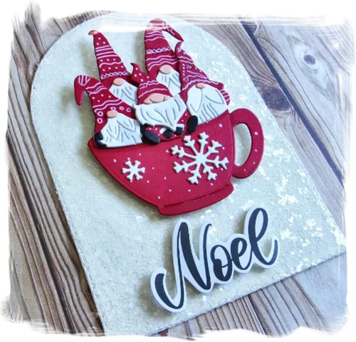 Vista 3 de 5 piezas de troqueles de metal de gnomo de Navidad, Papá Noel pequeño en copos de nieve, plantillas cortadas para manualidades, álbumes de recortes