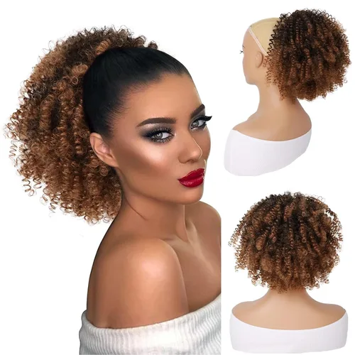 Vista 15 de Peluca rizada con flequillo corto afro para mujeres negras, G&T Wig, rizos esponjosos, flequillo clip-in (1B, flequillo simple)