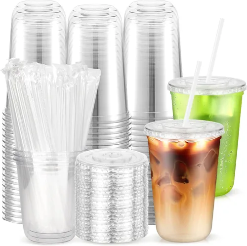 Vista 16 de Paquete de 25 vasos desechables de plástico transparente con tapas y pajitas, tazas de café helado de fondo redondo de 12 onzas, tazas de bebidas