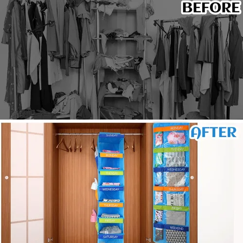Vista 6 de Woanger Organizador semanal de ropa colgante para niños, 2 unidades, 11.8 x 11.8 x 48 pulgadas, estante para actividades diarias, organizador