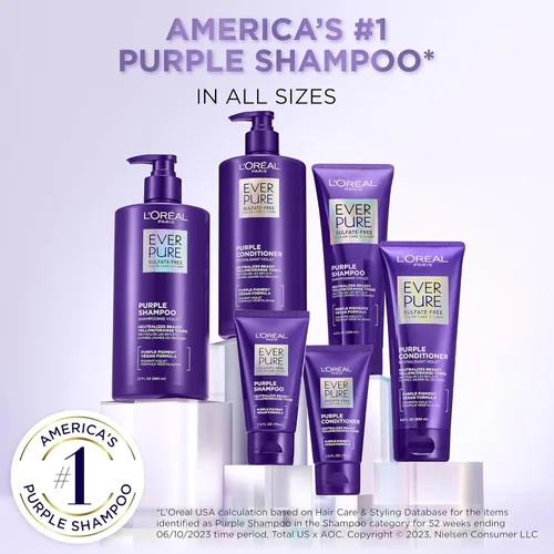 Vista 6 de L'Oreal Paris Champú Morado Tonificante Anticobrizo Sin Sulfato para Cabello Rubio, Decolorado, Plateado o con Mechas Marrones, EverPure, 6.8 Fl Oz