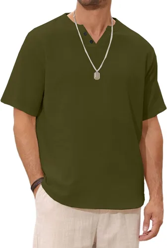 Vista 6 de Angbater Camiseta casual de lino Henley de manga corta para hombre, camiseta hippie de playa, camiseta ligera tropical para verano
