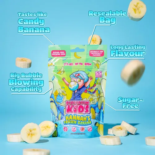 Vista 3 de Bubblegum Kids Hannah's Frozen Banana - Goma de mascar sin azúcar Relleno de calcetines, dulces navideños, recuerdos de fiesta, goma de mascar sin