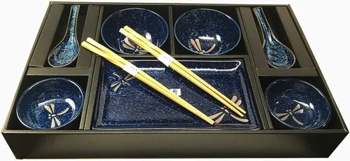 Vista 4 de Ebros Gift Juego de 10 platos japoneses de porcelana azul Tombo Dragonfly para sushi para 2 personas, pares de platos de sushi, cuencos de sopa