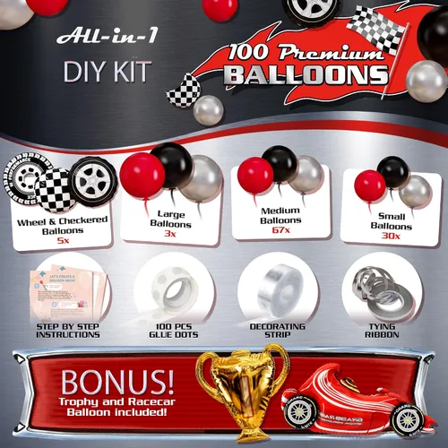 Vista 2 de Kit de Arco de Globos TODO EN 1 para Autos de Carreras con TROFEO BONUS y Número 2 - Kit de Guirnalda de Globos de Autos para Suministros de Fiesta