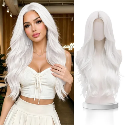 Vista 16 de VERNA - Peluca rubia con flequillo, peluca sintética de aspecto natural, rizada, ondulada de 26 pulgadas, resistente al calor, estilo de parte media