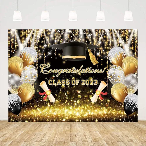 Vista 2 de AIBIIN Fondo de globo Bokeh con purpurina de 7 x 5 pies para la clase de 2023, color negro y dorado con purpurina Bokeh, felicitaciones por fiesta