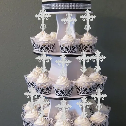 Vista 6 de 24 adornos cruzados para cupcakes con diseño de Dios bendiga y bautismo, para cupcakes de cruz, decoración de primera comunión para tartas