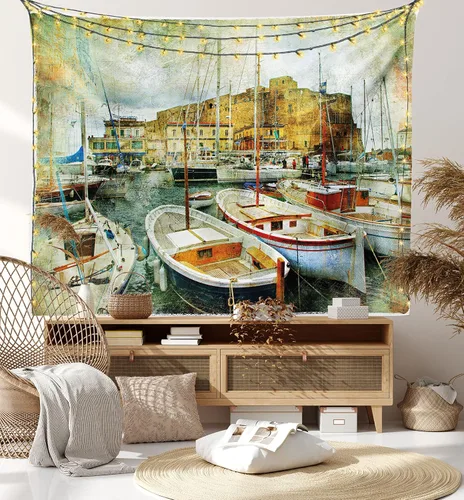 Vista 8 de Ambesonne Tapiz marino, Nápoles, botes pequeños en la histórica costa italiana, patrimonio del castillo, arte náutico, colgante de pared ancho