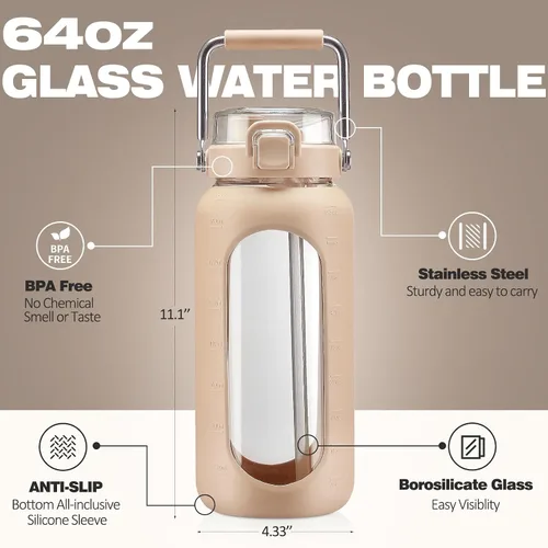 Vista 4 de BLUEGO Botella de agua de vidrio de 64 onzas con mango de acero inoxidable, botella de agua grande con marcadores de tiempo y funda de silicona Ámbar