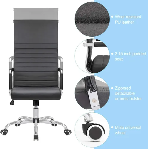 Vista 5 de Silla de oficina acanalada con respaldo alto, silla de escritorio de piel sintética, silla giratoria ajustable, silla de computadora