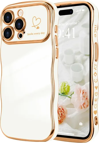 Vista 31 de LCHULLE - Funda para iPhone Air, linda para mujeres y niñas, con forma de onda, color azul bebé Luxury Plating Curly Wavy Frame with Love Heart