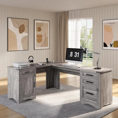 Vista 7 de Decofy L Shaped Farmhouse Executive Desk with Drawers, Grey Gris