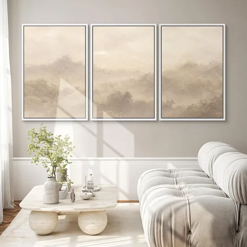 Vista 160 de SIGNWIN Lienzo enmarcado para pared, juego de arte pastel con cadena montañosa, bosque, niebla, naturaleza silvestre, ilustraciones modernas, arte