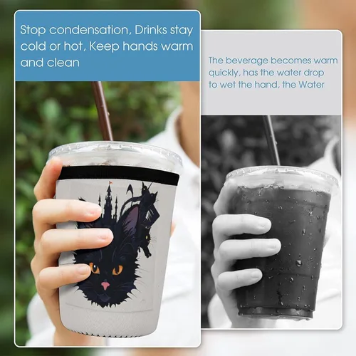 Vista 5 de Abstract Kitty Reusable Insulated Neoprene Iced Coffee Cup Sleeves 3 Sizes Diving Material Cup Durable Beverage Covers for Cold Coffee Tea Drinks