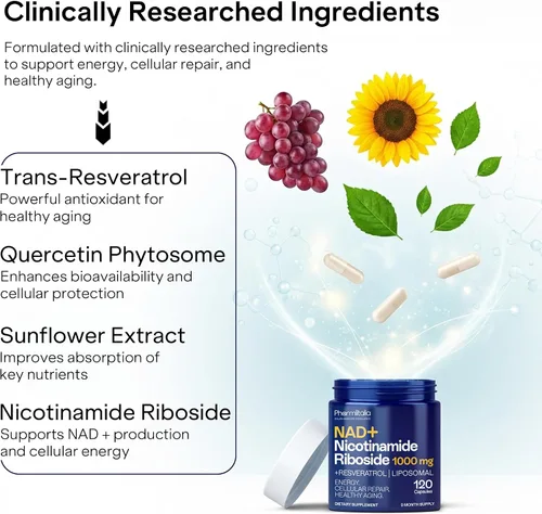 Vista 6 de Suplemento liposomal NAD+ con resveratrol - Ribosida de nicotinamida 1000 mg - Suplementos NAD para mujeres y hombres - Alternativa de suplemento