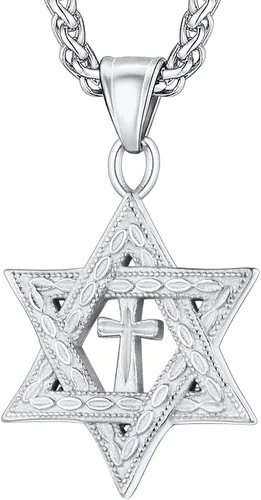 Vista 13 de U7 - Collar con Estrella de David para hombres y mujeres, dije hexagonal de acero inoxidable con cruz/piedra de rubí/collares clásicos judíos