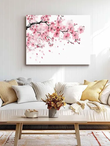 Vista 5 de T&H XHome Pintura al óleo de la lona de la decoración del arte de la pared del cuarto de baño, ilustración de la flor de cerezo rosa de la primavera