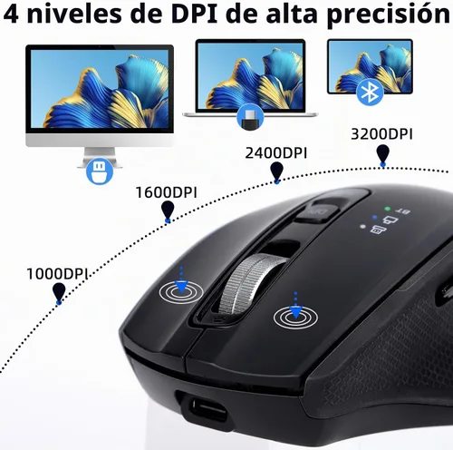 Vista 3 de Mouse inalámbrico Bluetooth con USB-A, receptor USB-C, recargable, 3 dispositivos, tamaño completo, clic silencioso, mouse ergonómico para Negro