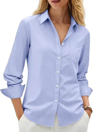 Vista 16 de siliteelon Camisas con botones para mujer, camisa Oxford de algodón, camisa de vestir de manga larga, blusas de trabajo con bolsillo