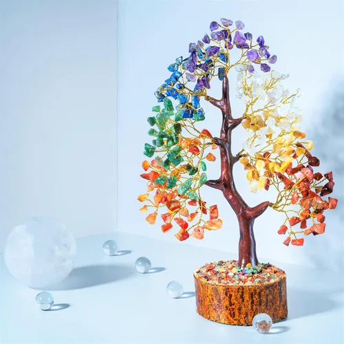 Vista 3 de Árbol de la vida de los siete chakras con cristales con pulsera y 2 colgantes – Decoración de bonsái Feng Shui con cristales curativos, regalos