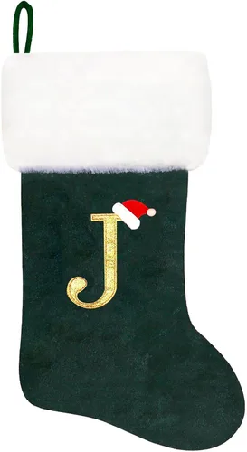 Vista 38 de Calcetines de Navidad bordados de 20 pulgadas con monograma, terciopelo negro con puño de felpa blanca supersuave, adornos clásicos para decoración