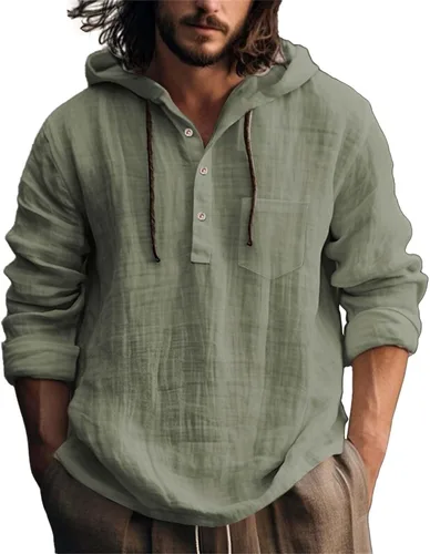 Vista 23 de Camisas de lino para hombre, ligeras, con botones, de manga larga, con capucha, ajuste regular, de algodón, para la playa