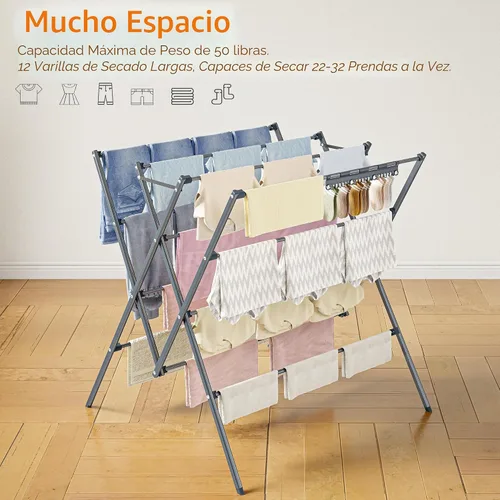 Vista 6 de HOMIDEC Tendedero de secado de ropa, 12 postes de secado grandes con clips para calcetines, estante de secado de ropa, plegable, portátil, para Plata