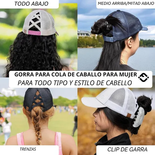 Vista 6 de Funky Junque - Sombrero de cola de caballo para mujer, gorra de béisbol con ajuste ajustable y cola de caballo alta cruzada para uso diario Paquete
