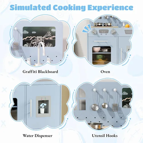 Vista 3 de Arlopu Juego de cocina de madera para niños con pizarra, luces y sonidos realistas, cocina interactiva con estufa, dispensador de agua, 6 utensilios
