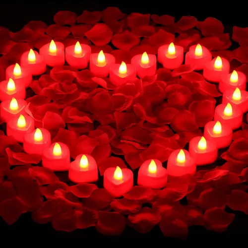 Vista 8 de cridoz Juego de pétalos de rosa azules para una noche romántica para él, 2000 pétalos de rosa artificiales con 24 velas LED sin llama