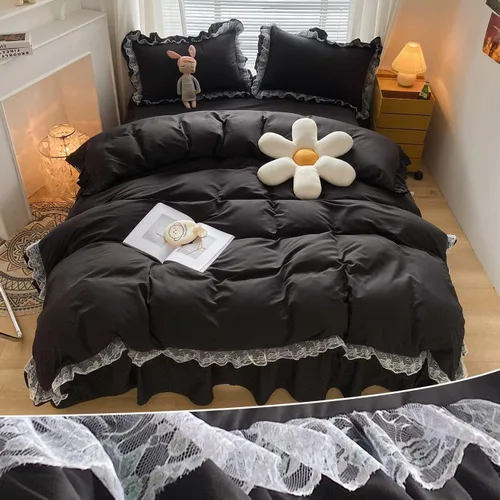 Vista 15 de MOOWOO Elegante juego de funda de edredón de poliéster y encaje con volantes, ropa de cama negra de lujo de alta calidad, funda de edredón de 2 Negro