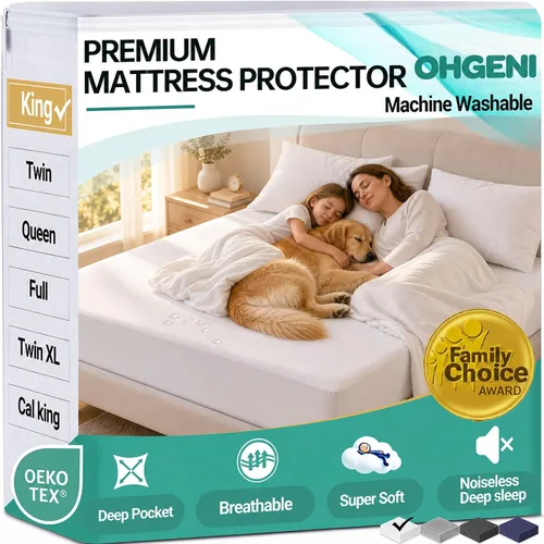 Vista 18 de OhGeni - Protector de colchón impermeable, tamaño Queen, con bolsillo profundo de 6 a 18 pulgadas, transpirable, sin ruido, suave, lavable, a prueba