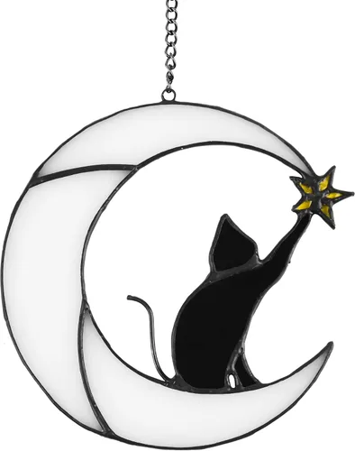 Vista 8 de Gato en luna con vitral, estrella para colgar en la ventana, decoración de regalo conmemorativo para mujeres (gato negro sobre luna azul)