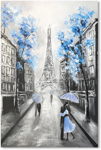 Vista 8 de YPY Arte de Pared en Lienzo Floral Azul de París: Imagen de Flor Azul Torre Eiffel Gris para Decoración de Baño, Pintura Texturizada de Paisaje