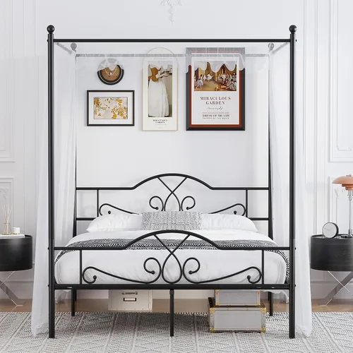 Vista 13 de Weehom - Base de cama con dosel tamaño queen con cabecera y estribo, base de colchón de plataforma metálica con cuatro postes, almacenamiento debajo