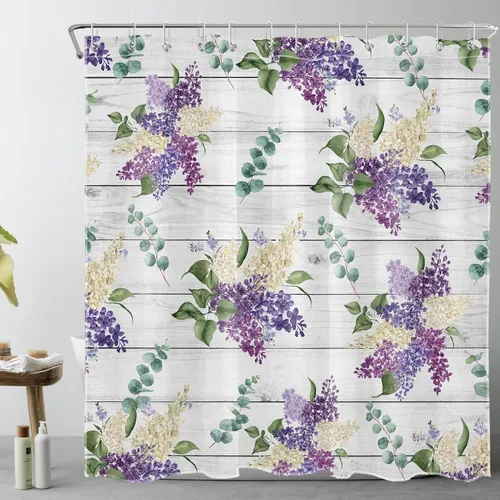 Vista 17 de EOBTAIN Cortina de ducha floral púrpura para baño, flores de acuarela y hojas de eucalipto verde sobre beige, cortina de ducha con 10 ganchos, juego