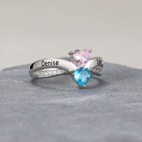 Vista 4 de OPALSTOCK Anillos de piedra natal para mujer, anillos de promesa para madre, anillos con nombre personalizado con 2 piedras natales de corazón
