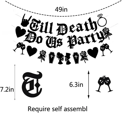 Vista 5 de Cartel de fiesta Black Till Death Do Us, cartel de fiesta en inglés antiguo, pancarta de fiesta de boda de Halloween, boda, despedida de soltera