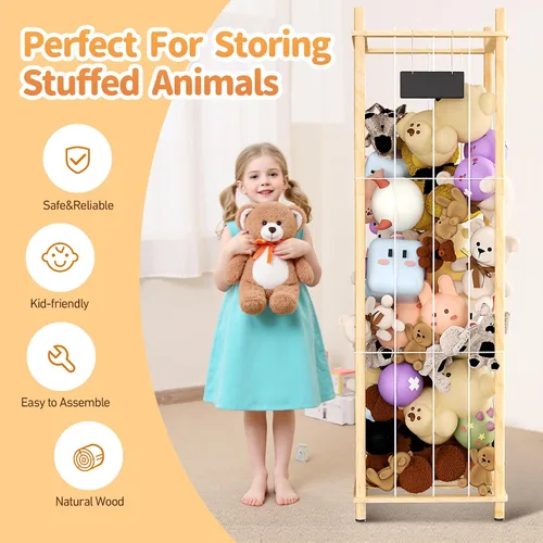 Vista 5 de Almacenamiento y organizador de animales de peluche, soporte de zoológico de madera gruesa, jaula de juguetes de felpa de capacidad extra grande
